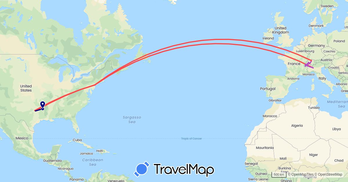 TravelMap itinerary: driving, train, hiking, hitchhiking in Switzerland, France, Italy, United States (Europe, North America)