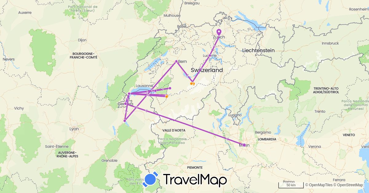 TravelMap itinerary: driving, train, hitchhiking in Switzerland, France, Italy (Europe)